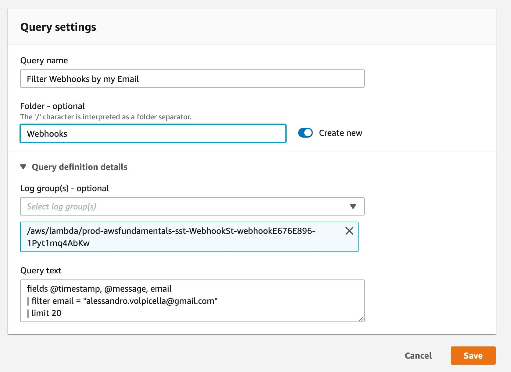 Save CloudWatch Log Insights Query