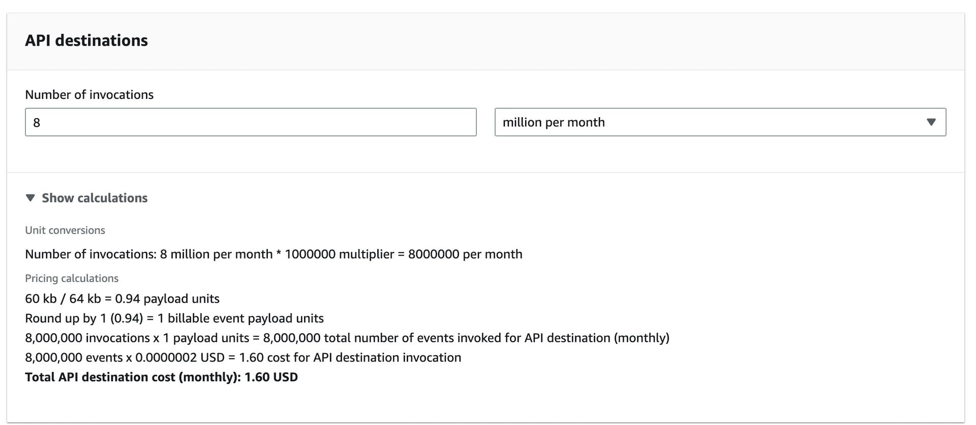 API Destination Pricing