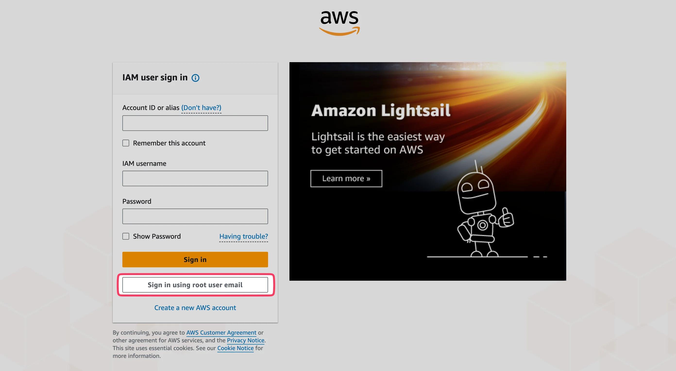 AWS Console Login Page - Login with Root User