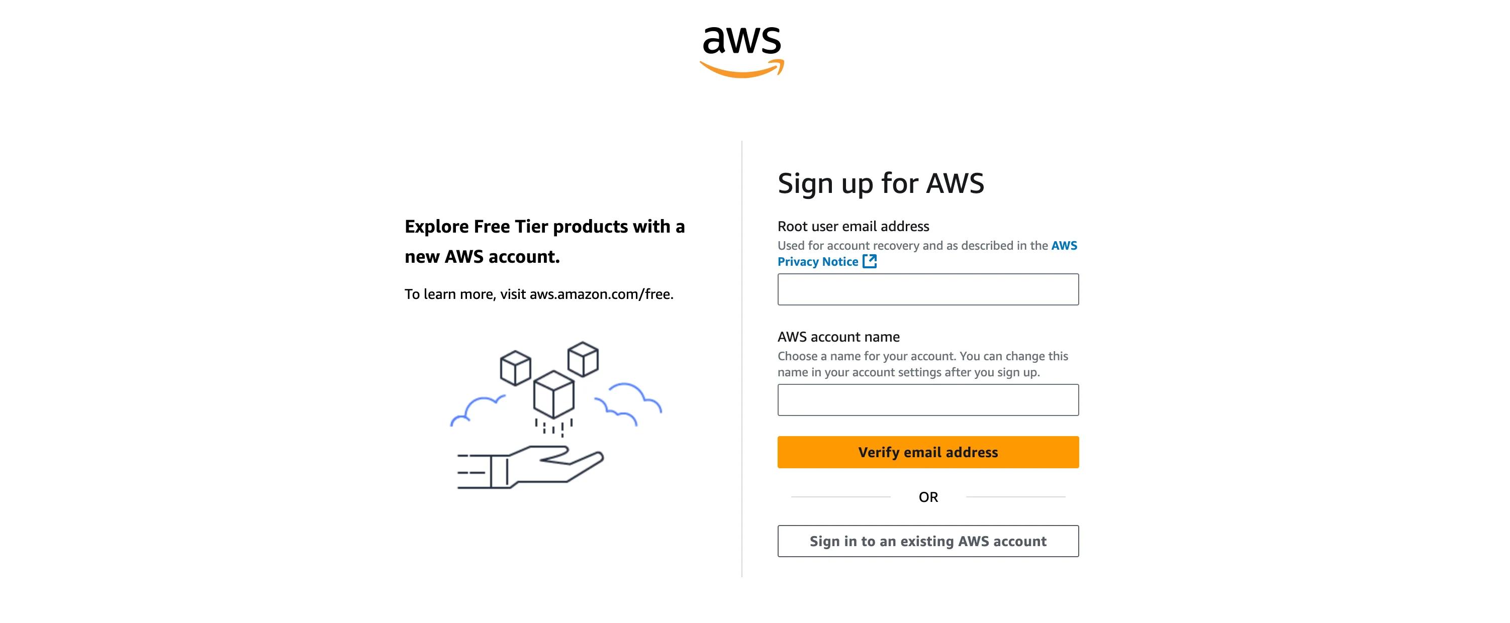 The AWS Management Console's register page.
