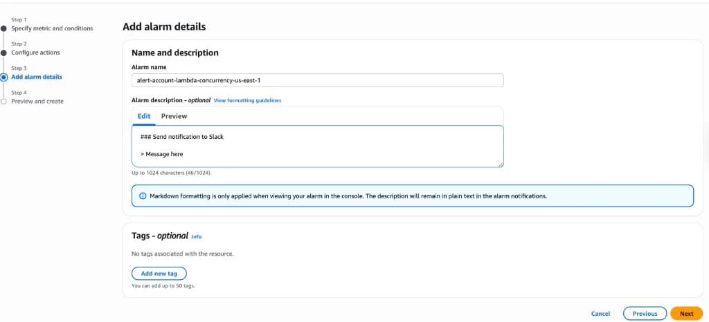 CloudWatch alarm details showing name and description setup