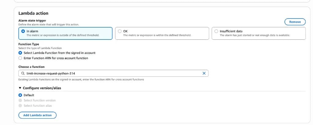 CloudWatch alarm showing a Lambda action triggered on In alarm state