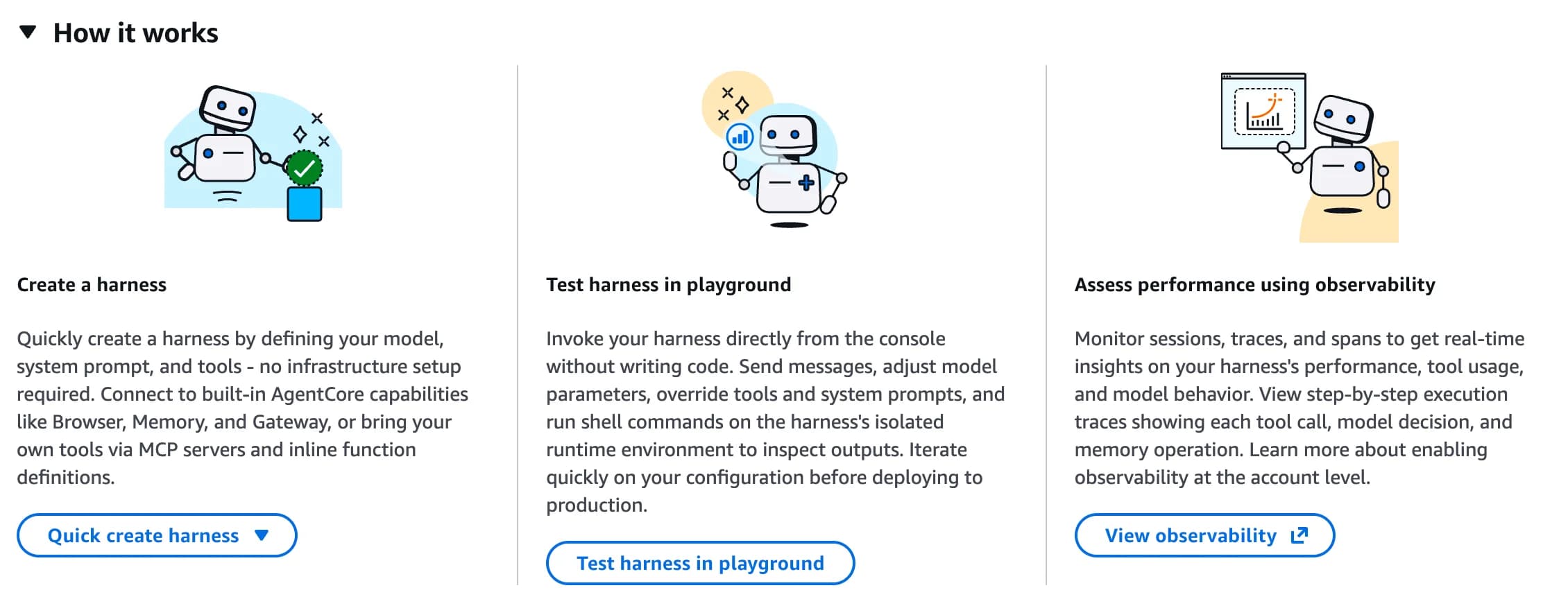 The new "Harness" section inside the Amazon Bedrock AgentCore console: create a harness, test it in the playground, and assess performance through observability.