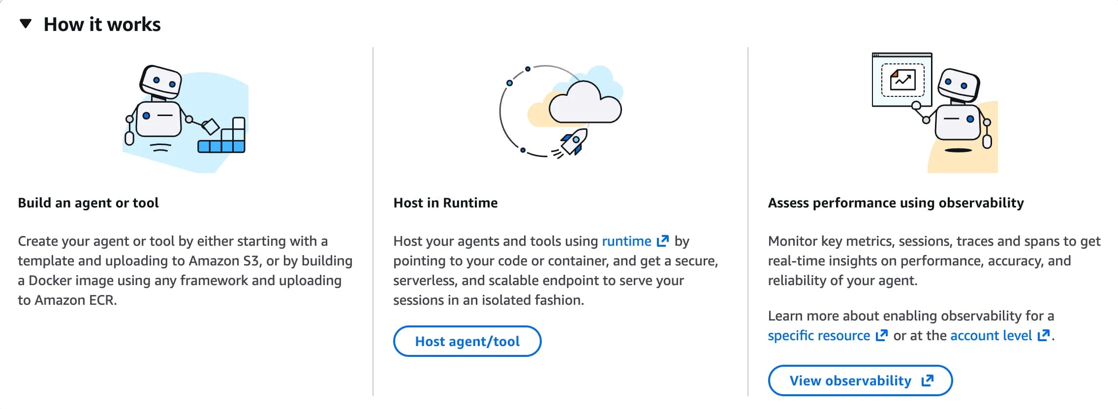 The "Runtime" tab in Amazon Bedrock AgentCore: build your agent or tool, upload to S3 or push a Docker image to ECR, then host it in Runtime as a serverless endpoint.