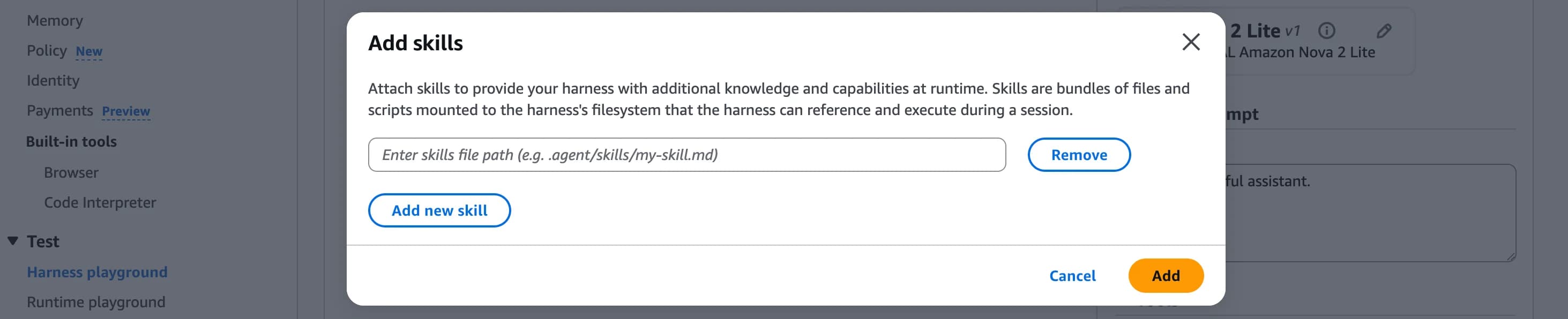 Adding a skill to a harness by pointing at a file path like .agent/skills/my-skill.md. Skills give the harness additional knowledge and capabilities at runtime.