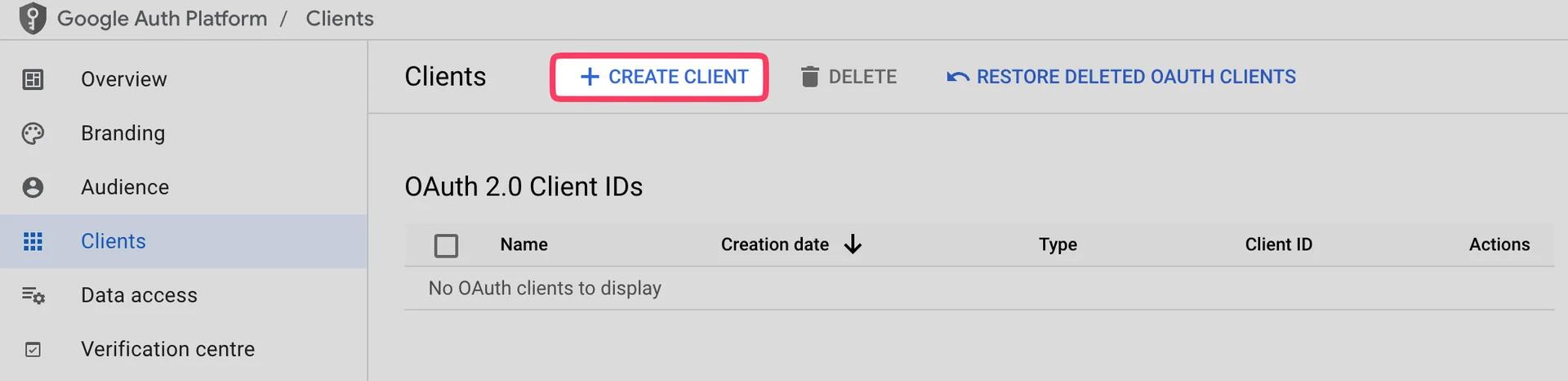 Google Auth Platform interface showing the "Clients" section