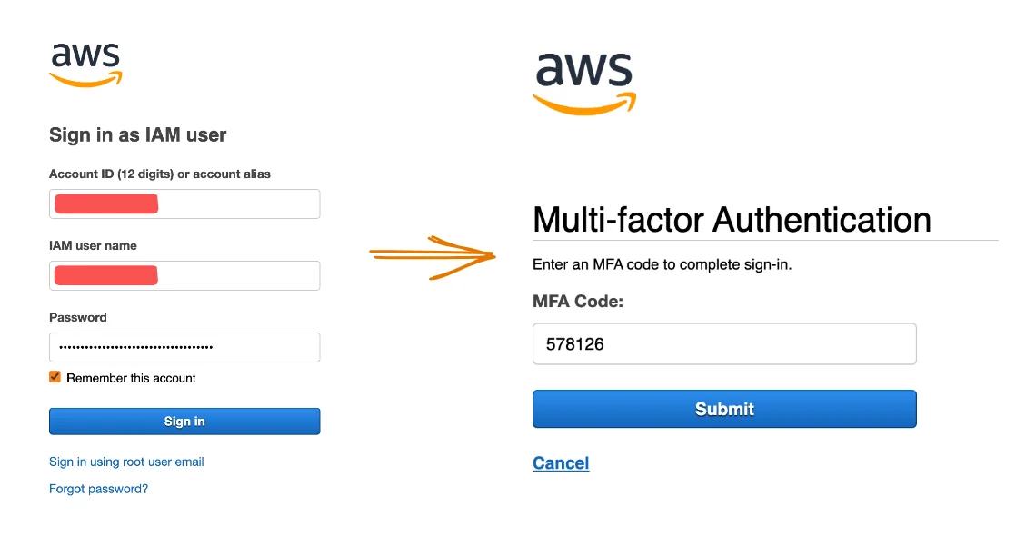 Logging into the AWS console with an assigned MFA. Logging into the AWS console with an assigned MFA.