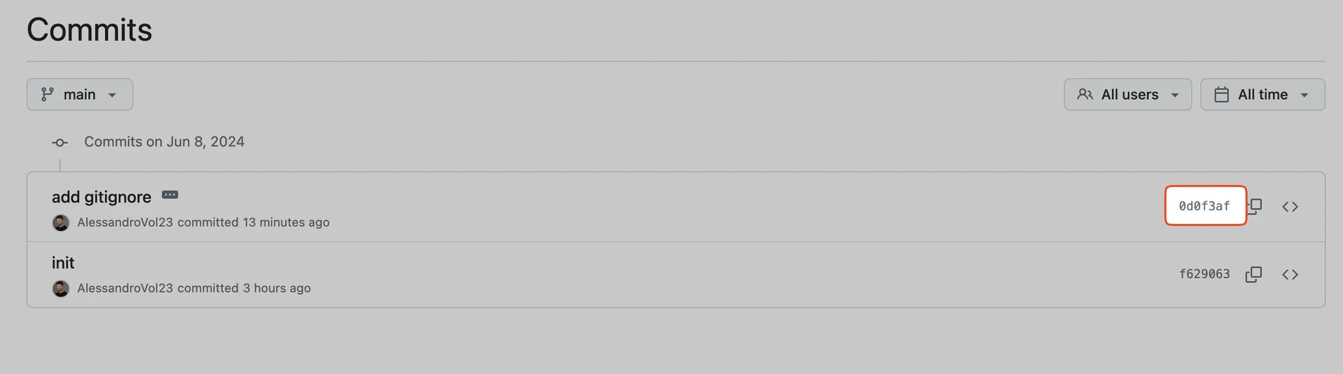 Screenshot of a GitHub commits page showing two commits on the main branch. The first commit is titled "add gitignore" and was made 13 minutes ago, while the second commit is titled "init" and was made 3 hours ago. Both commits were made by the same user. Screenshot of a GitHub commits page showing two commits on the main branch. The first commit is titled "add gitignore" and was made 13 minutes ago, while the second commit is titled "init" and was made 3 hours ago. Both commits were made by the same user.