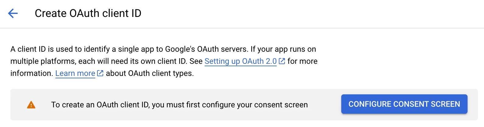 Screenshot of Google OAuth client ID creation page, indicating a requirement to configure the consent screen. A blue button labeled "CONFIGURE CONSENT SCREEN" is visible. Screenshot of Google OAuth client ID creation page, indicating a requirement to configure the consent screen. A blue button labeled "CONFIGURE CONSENT SCREEN" is visible.