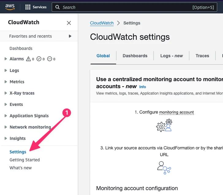 Screenshot of AWS CloudWatch interface highlighting the "Settings" option in the navigation menu. Screenshot of AWS CloudWatch interface highlighting the "Settings" option in the navigation menu.