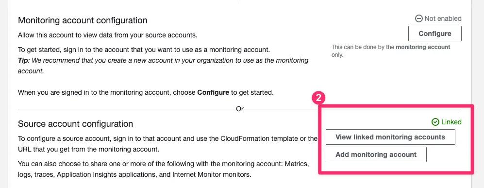 Screenshot of a software interface showing options for monitoring account configuration with a focus on a section labeled "Linked" that includes buttons for "View linked monitoring accounts" and "Add monitoring account." Screenshot of a software interface showing options for monitoring account configuration with a focus on a section labeled "Linked" that includes buttons for "View linked monitoring accounts" and "Add monitoring account."
