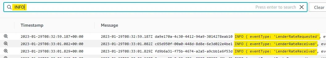 Filtered CloudWatch log showing just business events Filtered CloudWatch log showing just business events