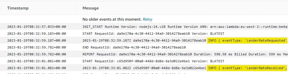 Unfiltered CloudWatch log showing business events Unfiltered CloudWatch log showing business events
