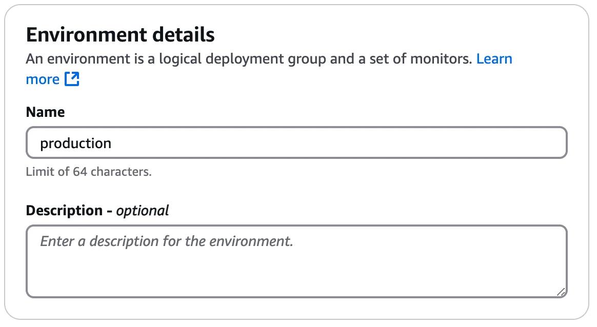 Form for entering environment details with fields for "Name" and an optional "Description." The name "production" is entered. Form for entering environment details with fields for "Name" and an optional "Description." The name "production" is entered.