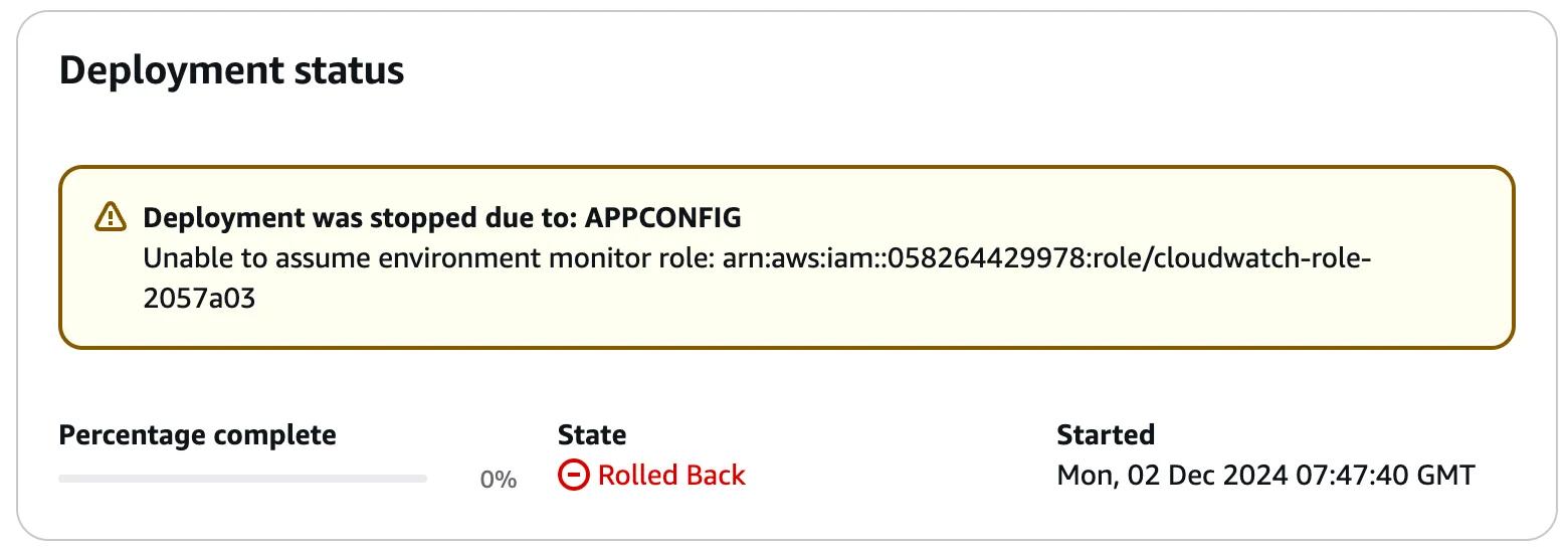Image showing a deployment status with the message "Deployment was stopped due to: APPCONFIG." It indicates an error in assuming the environment monitor role. The percentage complete is 0%, state is "Rolled Back," and the start date is December 2, 2024. Image showing a deployment status with the message "Deployment was stopped due to: APPCONFIG." It indicates an error in assuming the environment monitor role. The percentage complete is 0%, state is "Rolled Back," and the start date is December 2, 2024.