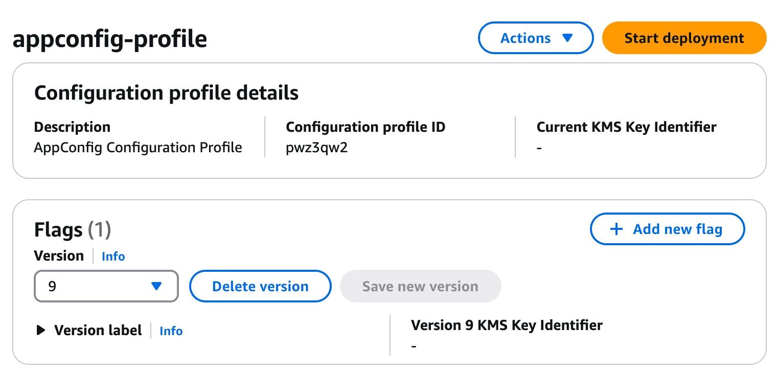 Screenshot of an app configuration profile interface showing profile details, with a configuration profile ID of "pwz3qw2." It includes options for starting a deployment, adding a new flag, and managing flags with version information. Screenshot of an app configuration profile interface showing profile details, with a configuration profile ID of "pwz3qw2." It includes options for starting a deployment, adding a new flag, and managing flags with version information.