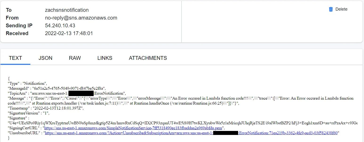 JSON based email received with Lambda function error. JSON based email received with Lambda function error.