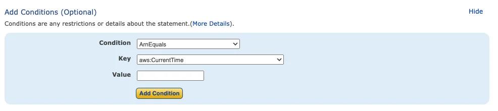 Adding conditions via the AWS Policy Generator. Adding conditions via the AWS Policy Generator.