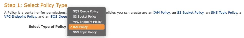 Selecting the policy type in the AWS Policy Generator. Selecting the policy type in the AWS Policy Generator.