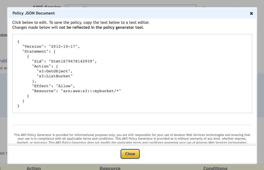 Viewing the final results of the AWS Policy Generator. Viewing the final results of the AWS Policy Generator.
