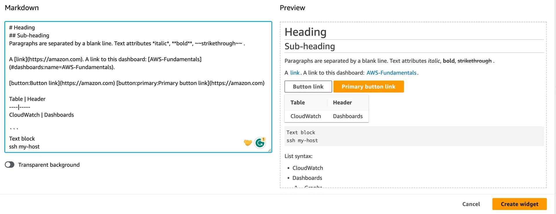 Text widgets in CloudWatch Dashboard Text widgets in CloudWatch Dashboard