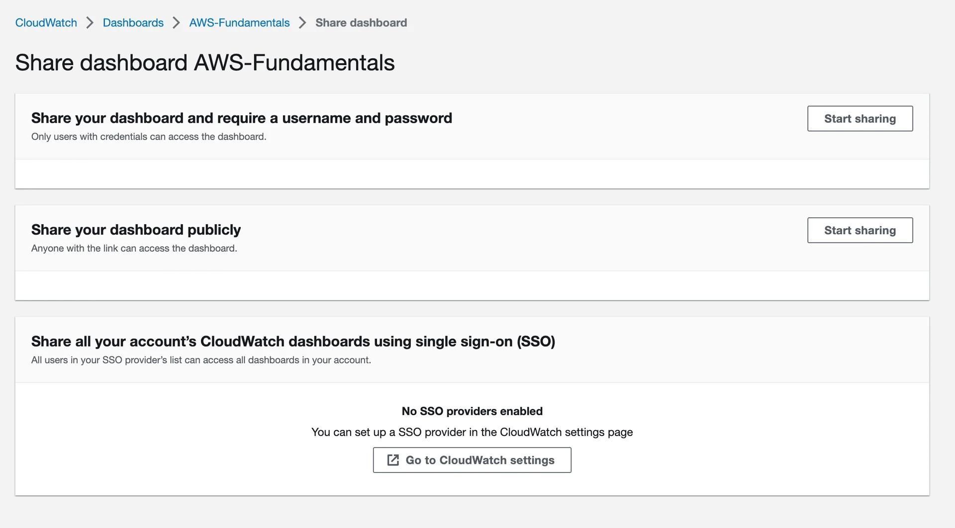 You can share CloudWatch dashboards with different options You can share CloudWatch dashboards with different options
