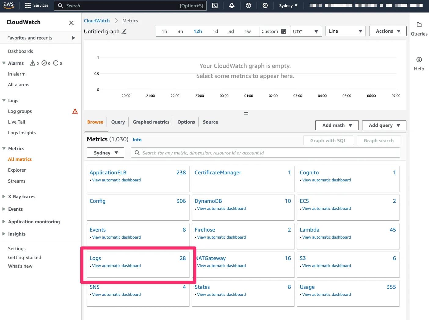 CloudWatch Metrics dashboard with namespace "Logs" marked. CloudWatch Metrics dashboard with namespace "Logs" marked.