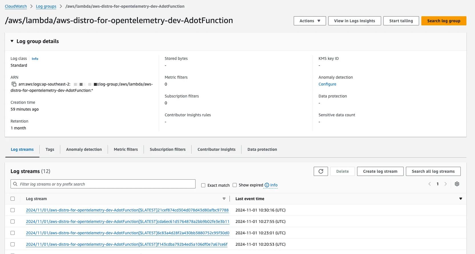 Screenshot of CloudWatch dashboard with correct logs created from function with aws distro for opentelemetry layer Screenshot of CloudWatch dashboard with correct logs created from function with aws distro for opentelemetry layer