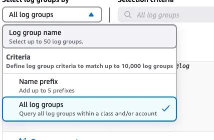 A dropdown menu for selecting log groups with options for "Log group name" and "Name prefix," along with a selected option for "All log groups." A dropdown menu for selecting log groups with options for "Log group name" and "Name prefix," along with a selected option for "All log groups."