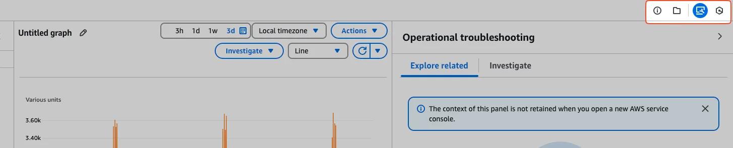 Screenshot of a dashboard interface with an "Untitled graph" showing data, a toolbar for time selection, and various actions. A sidebar titled "Operational troubleshooting" includes a warning about retaining context in an AWS service console. Screenshot of a dashboard interface with an "Untitled graph" showing data, a toolbar for time selection, and various actions. A sidebar titled "Operational troubleshooting" includes a warning about retaining context in an AWS service console.