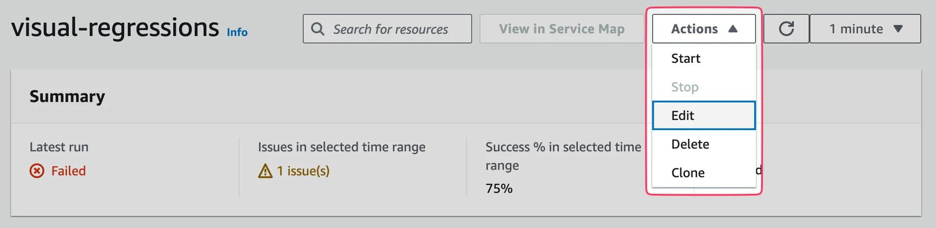 A screenshot of a web interface titled "visual-regressions" showing various sections including a summary of the latest run marked as "Failed", issues in a selected time range, and a success percentage. A dropdown menu with options like Start, Stop, Edit, Delete, and Clone is highlighted on the right side of the screen. A screenshot of a web interface titled "visual-regressions" showing various sections including a summary of the latest run marked as "Failed", issues in a selected time range, and a success percentage. A dropdown menu with options like Start, Stop, Edit, Delete, and Clone is highlighted on the right side of the screen.