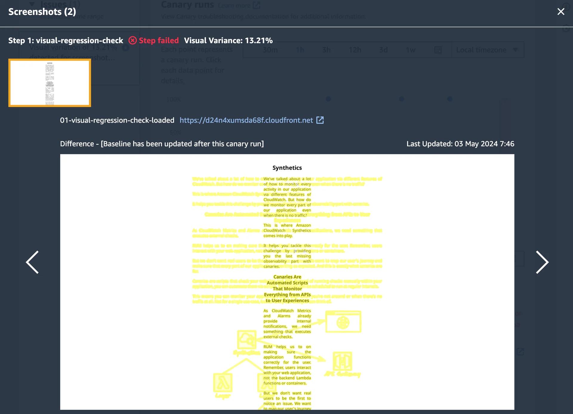 A screenshot showing a user interface for a visual regression check tool, indicating a step failure due to a 13.21% visual variance. The interface includes details about the test, links, and a timestamp of the last update. A screenshot showing a user interface for a visual regression check tool, indicating a step failure due to a 13.21% visual variance. The interface includes details about the test, links, and a timestamp of the last update.