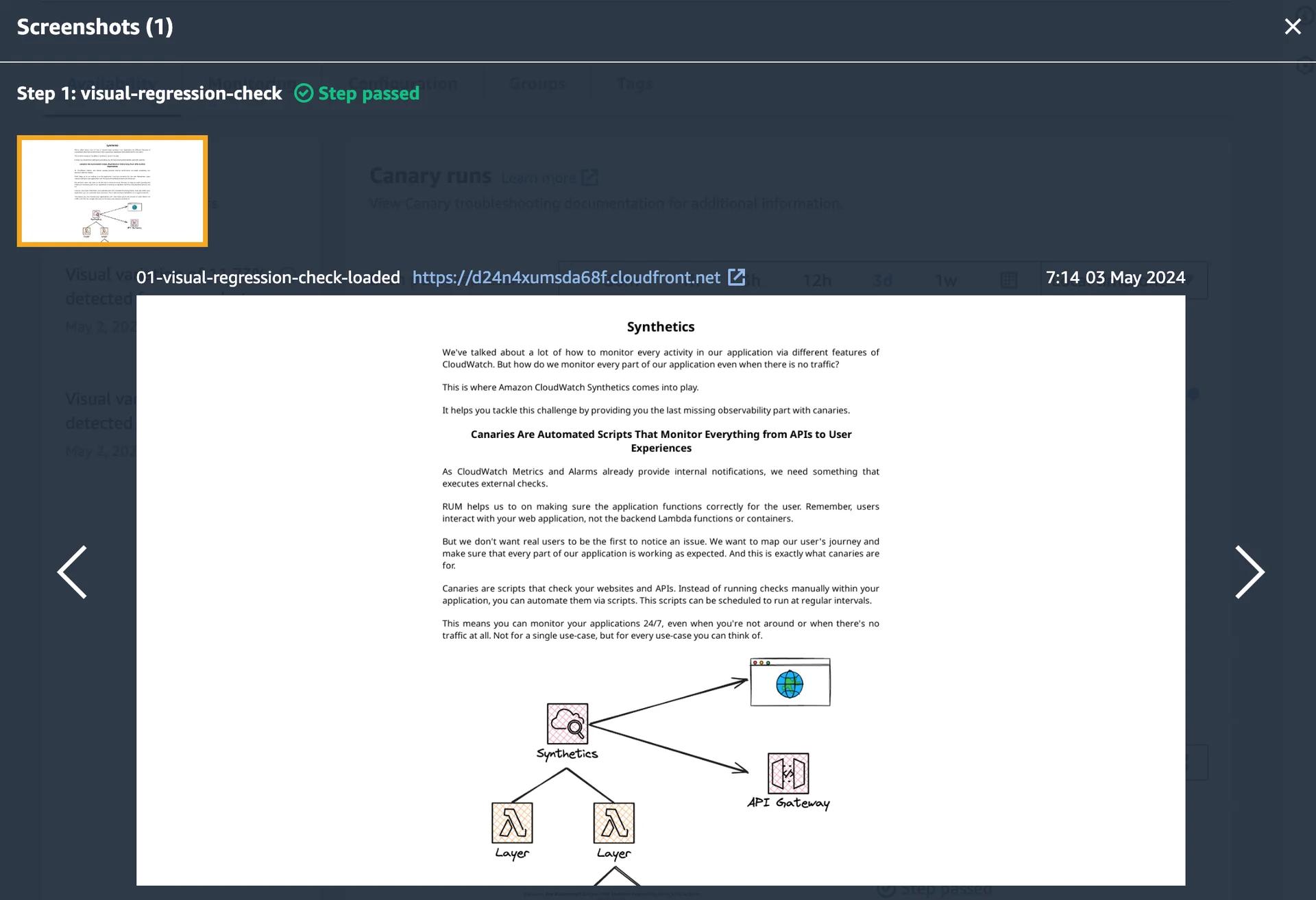 Screenshot of a webpage discussing "Canaries" as automated scripts in cloud monitoring, with a diagram explaining the process and a navigation bar showing a "Step passed" notification for a visual regression check. Screenshot of a webpage discussing "Canaries" as automated scripts in cloud monitoring, with a diagram explaining the process and a navigation bar showing a "Step passed" notification for a visual regression check.